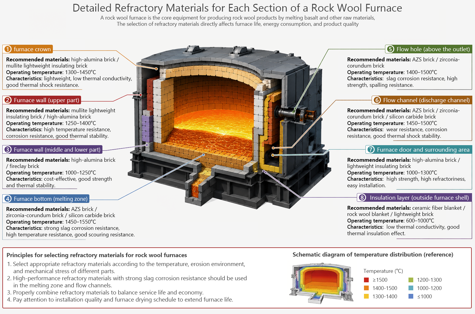 Refractory materials for various parts of rock wool furnace